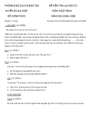 Đề kiểm tra lại học kỳ II môn Ngữ văn 6 - Năm học 2018-2019 - Phòng giáo dục và đào tạo huyện Bù Gia Mập (Có đáp án)